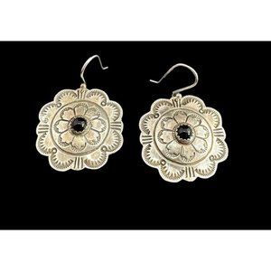 Navajo Etched Sterling Silver And Black Onyx Dangle Earrings Native American